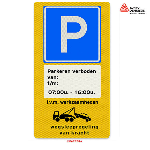 Parkeren verboden bord met data en tijden.